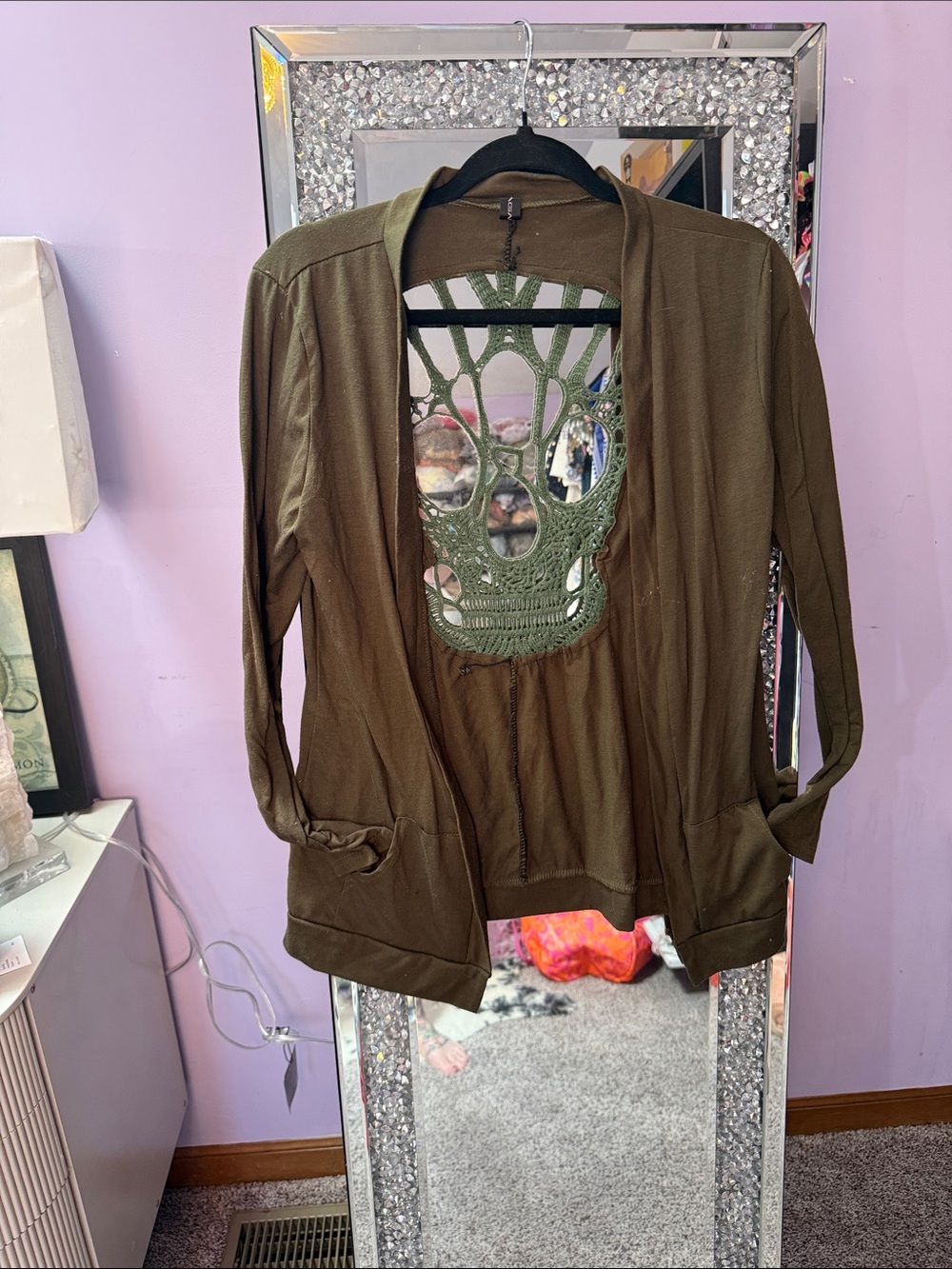 Women’s Olive Green Open-Front Cardigan with Crochet Back Detail